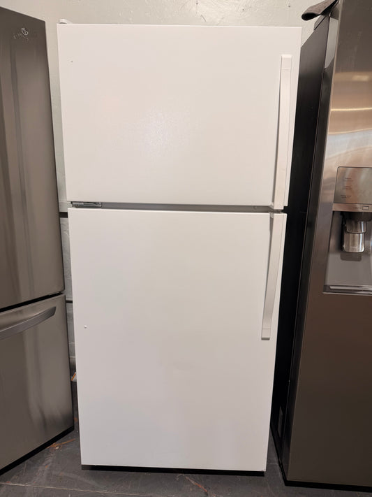 30 Inch Top Freezer Refrigerator with 18 cu. ft. Total Capacity, Adjustable Glass Shelves, Crisper Drawers, Flexi-Slide Bin, Dairy Bin, Electronic Temperature Controls, and Factory-Installed Icemaker: White