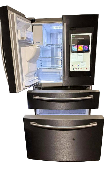 Smart refrigerator with open door displaying interior and touchscreen display on a white background